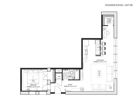 Floor plan for 1 bed, 1 bath, 859 sqft